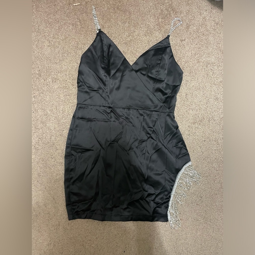 Black mini slip dress with crystal straps and tassel side design‎